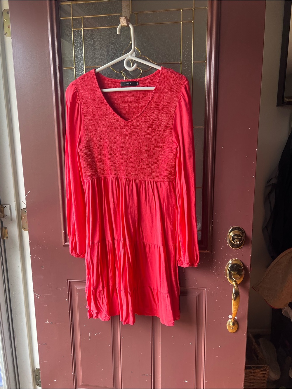 Casual Long sleeve smocked watermelon color dress